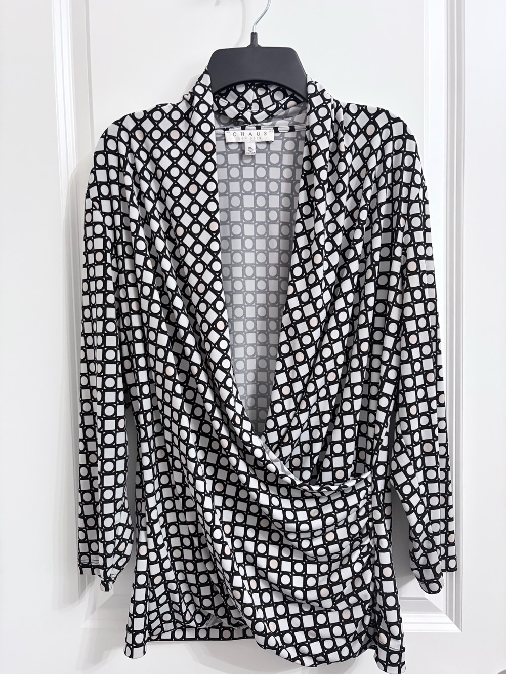Chaus Black and White Geometric Drape Front Blouse
